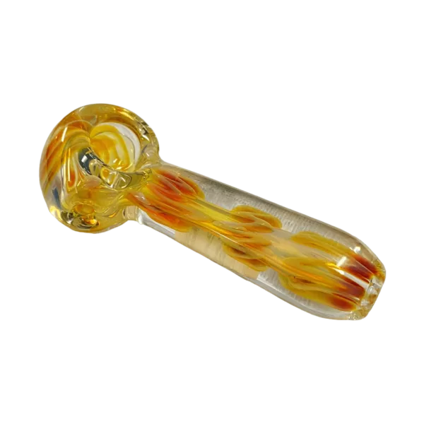 Intricate, multicolored glass pipe with a glossy finish and symmetrical design, perfect for any smoking session.