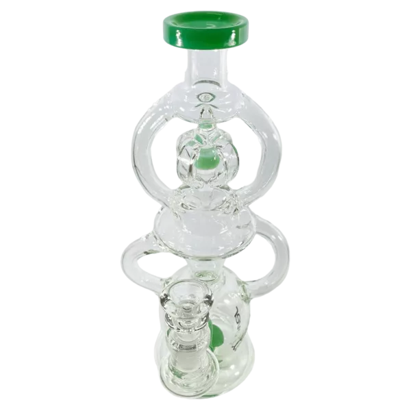 Glass bong with clear stem and green handle, featuring two connected bowls and a small knob on the stem.