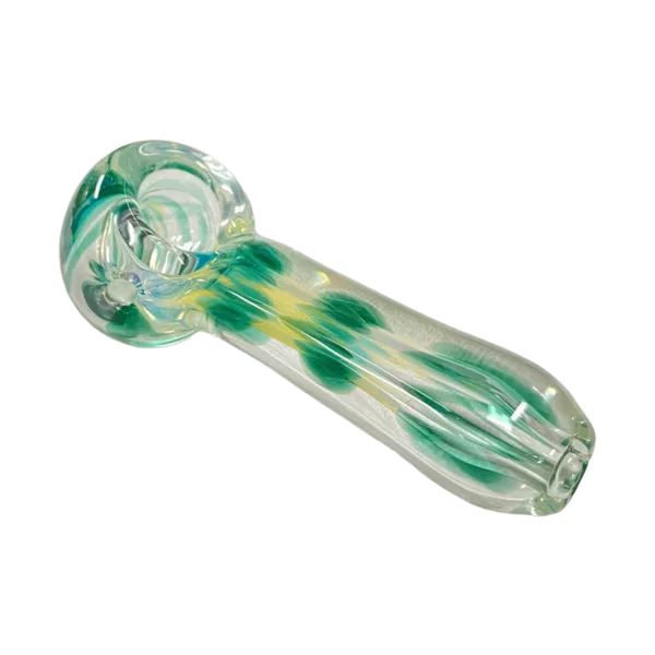 Multiverse Glass' Inside-Out Spoon- Colored Stringers features a unique, intricate design of green and white swirls on a transparent, spoon-shaped glassware with a shiny surface and smooth edges.