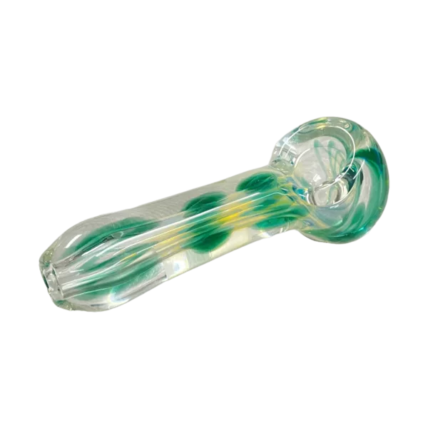 Green and yellow swirl glass pipe with round bowl and stem, sitting on green background.