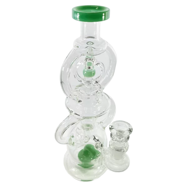 Glass bong with clear stem and green base. Small, round base and long, curved stem. White background.