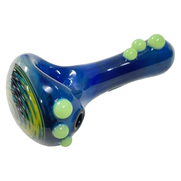 Curved glass spoon with blue and green colors, perfect for smoking.