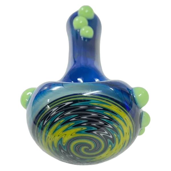 Blue and green glass wigwag spoon with swirly handle and base for smoking.