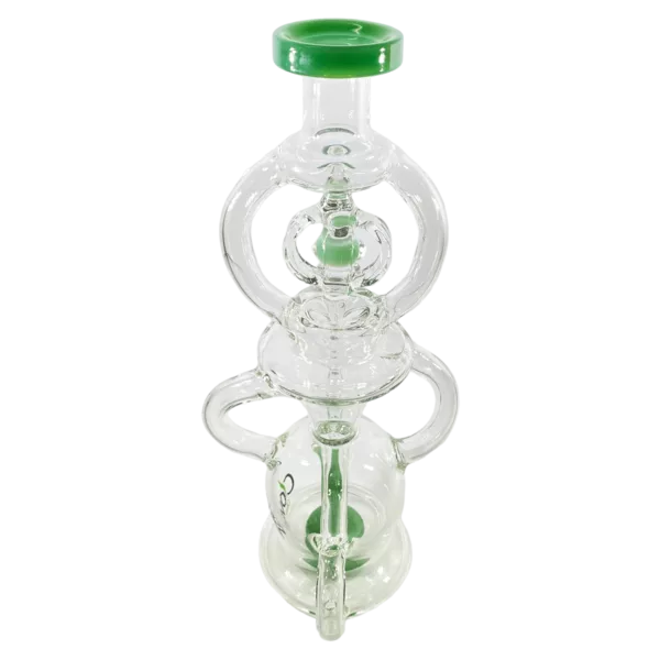 glass water pipe with a clear base, green stem, and spiral ridges. It has a knob on top and a small hole on one end. It is transparent and made of glass.