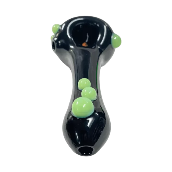 A black glass pipe with green beads in a spiral pattern, perfect for smoking enthusiasts.