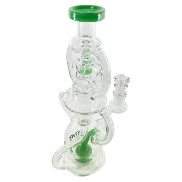Green glass pipe with clear base and stem, bowl shaped like a spinning top with blue accents and wide mouth. Ring around base and clear bowl.
