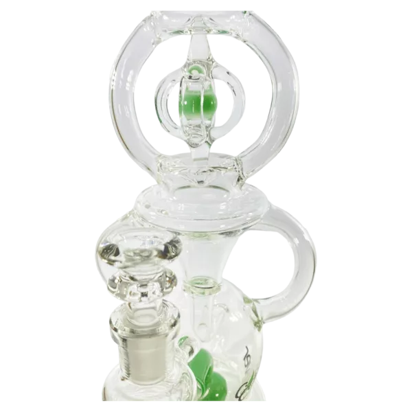 Handy glass bong with heart-shaped spoon and small hole. Round base and curved neck.