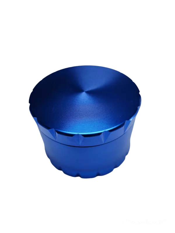 Large, round grinder with black base and blue accents, round mouth with spout and side handle, no branding.