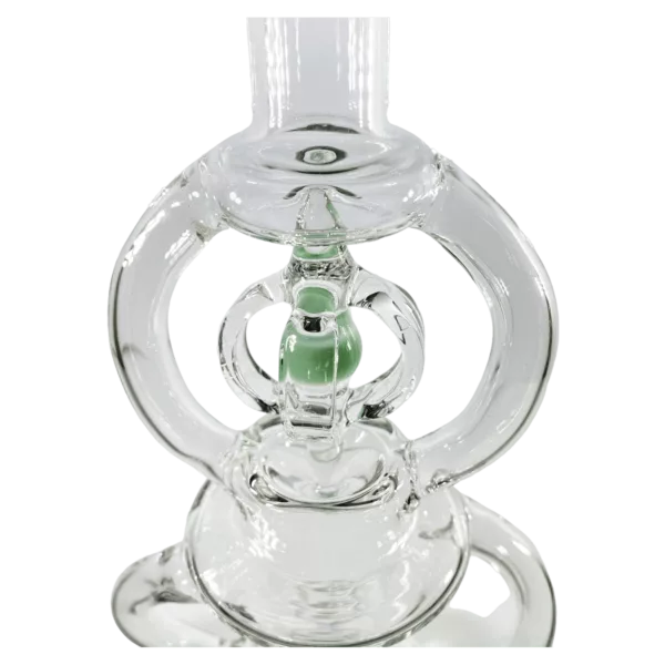 Unique glass bong with spinning bowl and clear base. Transparent bowl with small inhale hole and wide mouthpiece for easy use.
