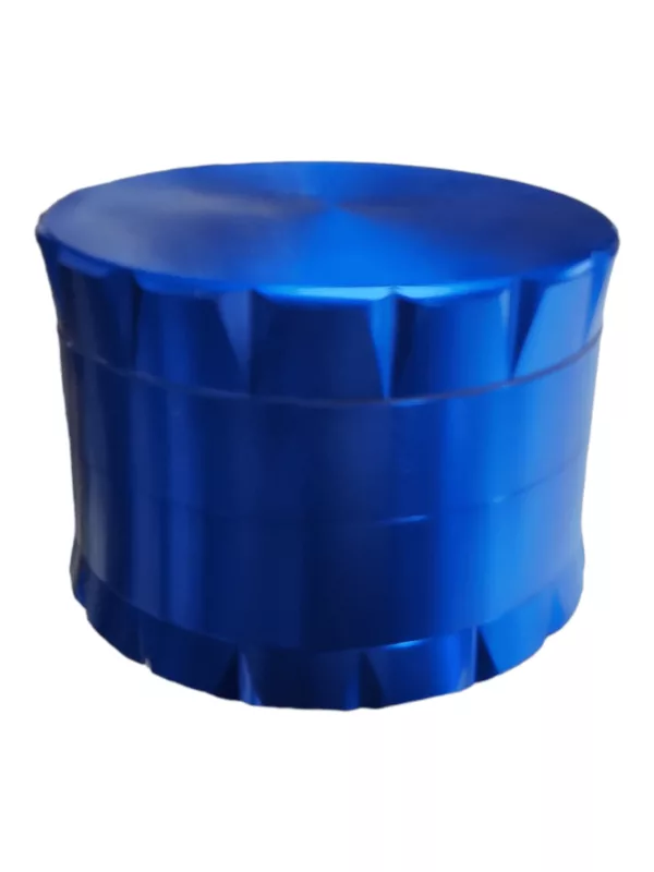 Large, round metal grinder with blue surface and circular ridges. BVGA092.
