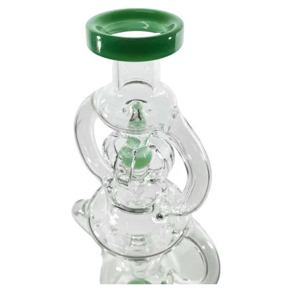 Clear glass bong with green stem and small, round base. Long, curved neck and small, round base at the top of the stem. Sitting on a white background.