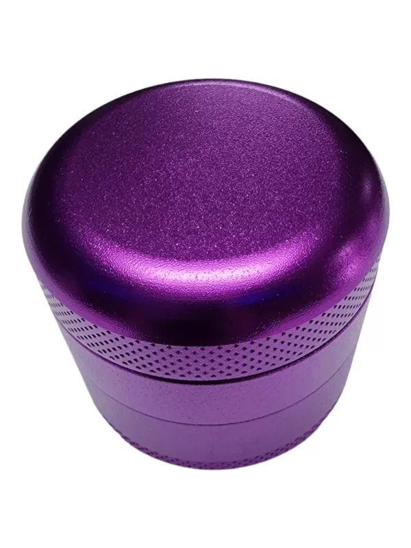 A purple plastic grinder with a large top hole and small lid hole, suitable for smoking.