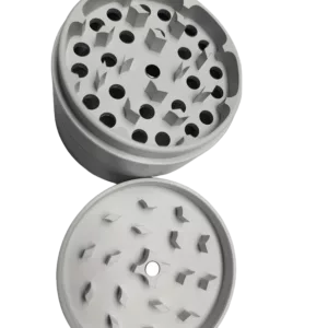 White plastic grinder with 6 small holes for easy use. Cylindrical shape with flat base and raised spindle. Perfect for grinding herbs and spices.