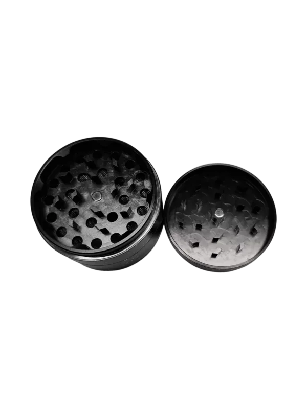 High-quality black grinder with 5 small holes on top for holding herbs. Made of durable plastic and has a clear top for easy viewing. No visible features on bottom.
