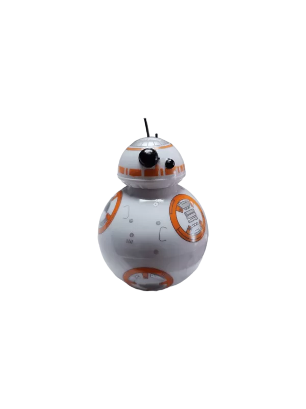 Small plastic toy robot droid with white and orange body, black eyes and antennae, sitting on green surface.