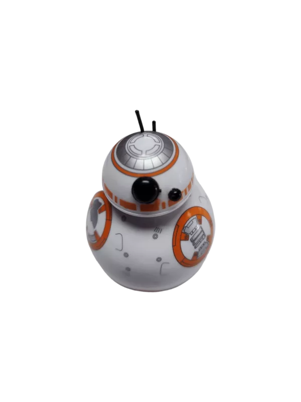 Cute, orange and white spherical robot with two legs and wheels, black and white sensor on head, and small opening for mouth. Perfect for any fan of BB8.
