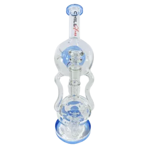 Stylish glass water pipe with blue/purple pattern, held by white stand with wood-like feet.