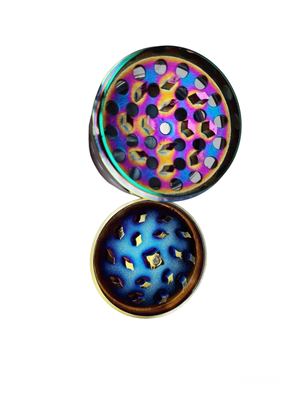 Colorful glasses with blue, purple, green, and yellow designs on a black background. Perfect for holding ashes and grinding herbs. #VolumptousWindowAshtrayGrinder #BVGS150YR
