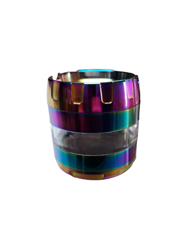 Metallic ashtray with rainbow finish and ventilation holes. Large enough for small bags of tobacco. Unique and eye-catching design.