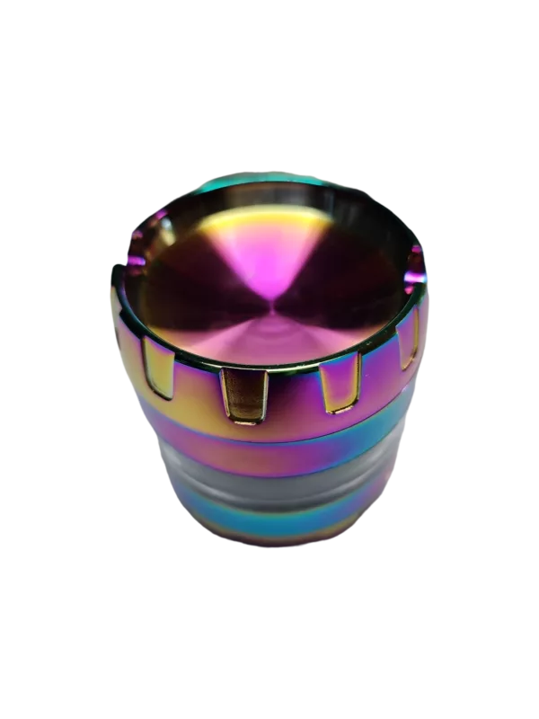 Colorful, metallic ashtray grinder with rainbow surface. Sits on black background.