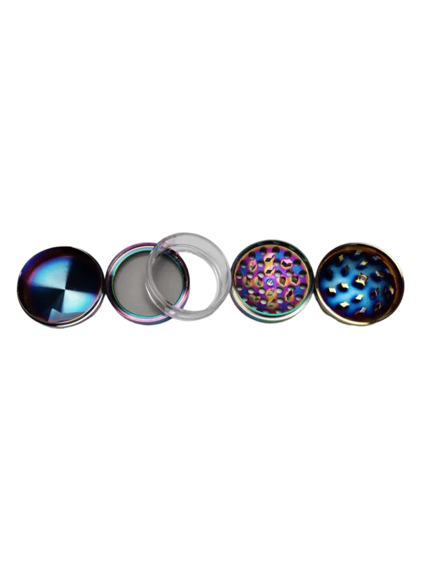 Set of six round, metallic ashtray grinders in a circle on black background. Different colors and designs, arranged in a symmetrical pattern. Depth and complexity, with objects appearing to float in space.