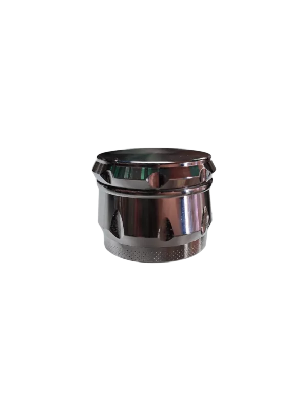 Chrome grinder with 3 chambers, circular base and handle with attached screws. Small openings at top and bottom.