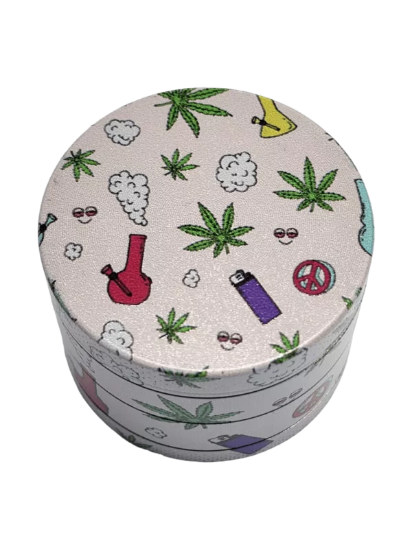 Cannabis-themed graphic design on white round box, includes bong, papers, pipe, joint, grinder, more. Qute Cannabis Print Grinder - BVGS220E.