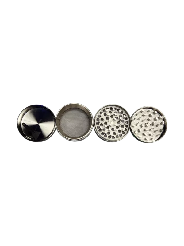 row of four stainless steel buttons with different shapes and sizes, arranged in a row and having a matte finish.