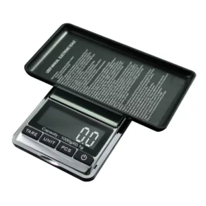 A compact, chrome-plated scale with a black display that shows weight and units. It has an on/off switch and an attachable hook for hanging. Perfect for carrying around.