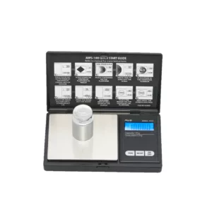The AWS-100 is an electronic scale with a metal case, LCD display, and metal tray for accurately weighing small items like coins and keys.