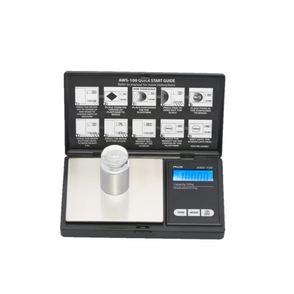 The AWS-100 is an electronic scale with a metal case, LCD display, and metal tray for accurately weighing small items like coins and keys.