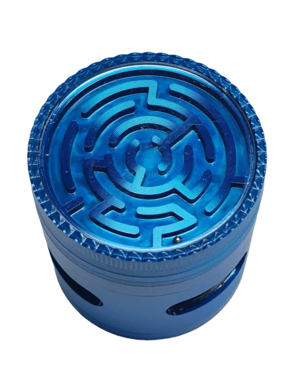 Interconnected circles and rectangles form a maze-like design on a blue background. No visible paths, but suggests a possible way through. Enclosed and a single piece.