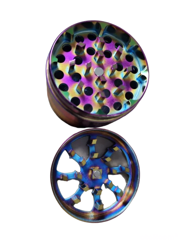 Stylish grinder with rainbow top window and holographic faceplate. Stainless steel body with rubber grip and removable lid/base plate.