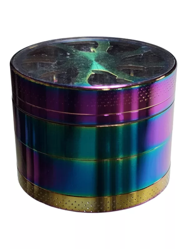 Multicolored metal grinder with window, round shape, handle, and ventilation holes.