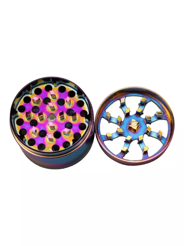Large, colorful circular grinder with rainbow top and adjustable speed knob. Made of metallic material with spike accents.