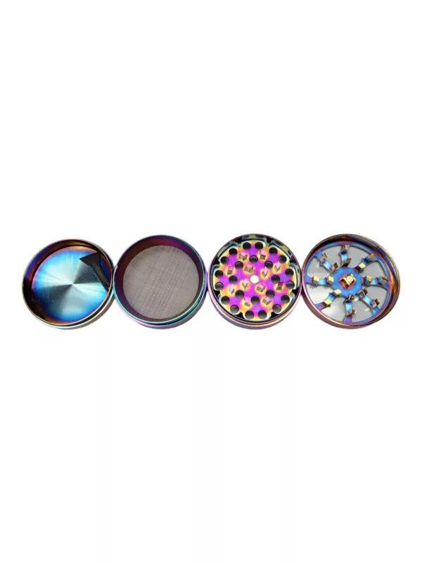 Three colorful, round grinders with unique patterns on top, metallic finish, arranged in a row on white background.