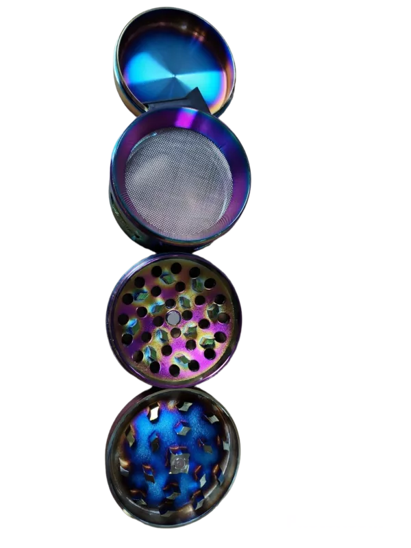 Metal grinder with rainbow colors, blue, purple, and green. Concave side window design with clear acrylic top to view internal workings.