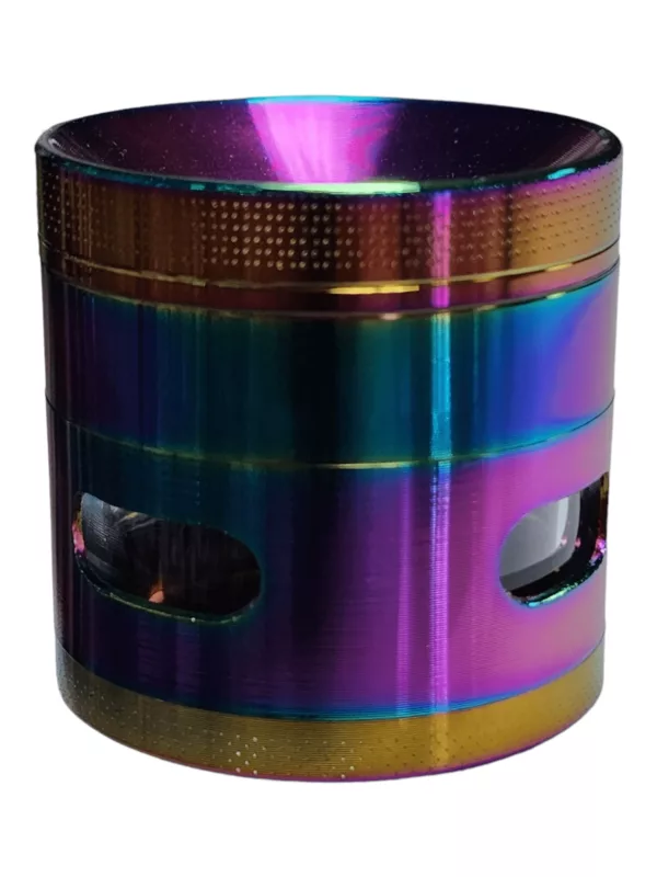 Rainbow Concave Side Window Grinder with metallic finish, silver base, gold/purple accents, clear concave glass window, plastic top with rubber feet, removable grinding insert for easy cleaning and refilling.