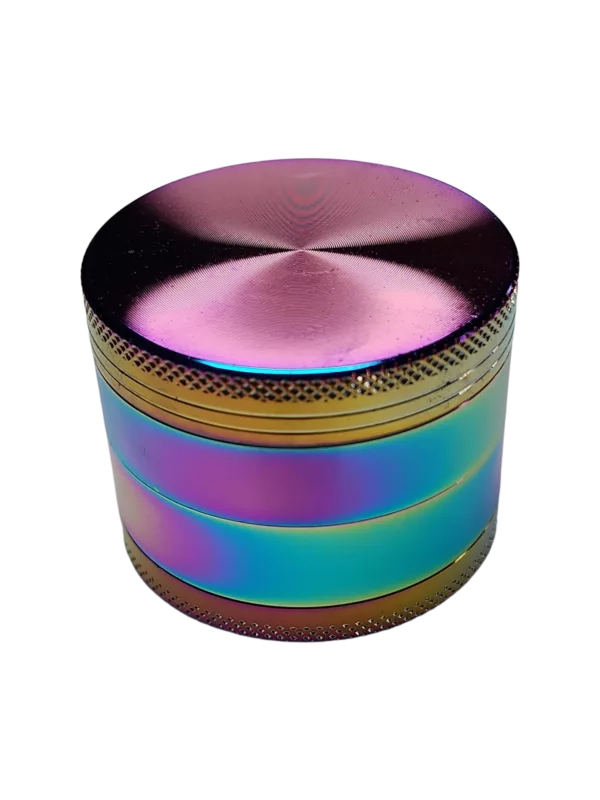 Rainbow-colored, iridescent metallic grinder with gold rim and transparent body.