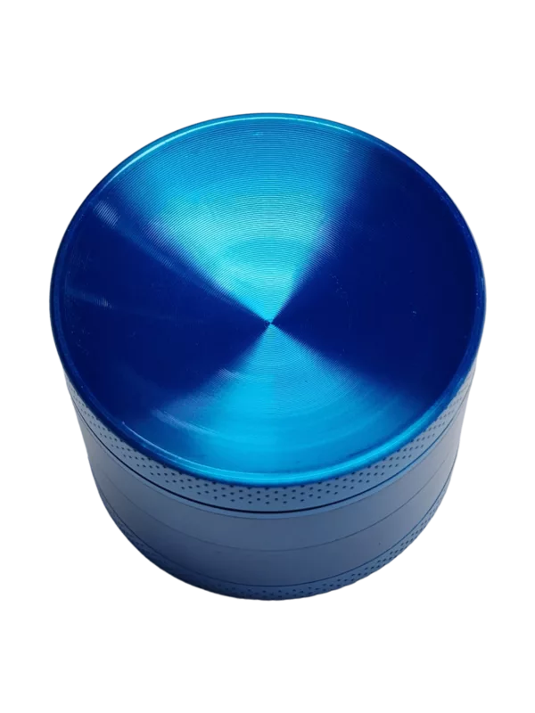 Shiny blue metal grinder with no visible features or text.