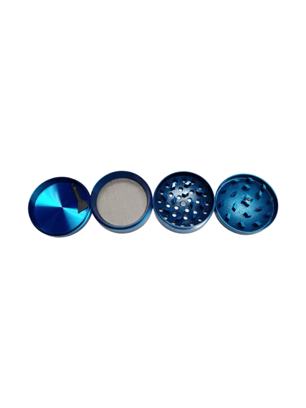 Five small bowls in a square shape, filled with blue powder. Three in the middle, two on the corners. Deep Dish Grinder-BVGS02955.