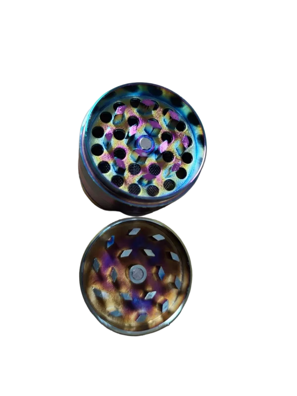 Multi-colored glass grinder with textured surface and geometric patterns. Designed for grinding herbal leaves and other plant material. High-quality and durable.