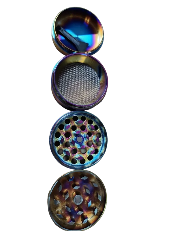 Circular collection of colorful glass beads on black background, arranged in a leaf grinder design. Single light source creates depth and shadows.