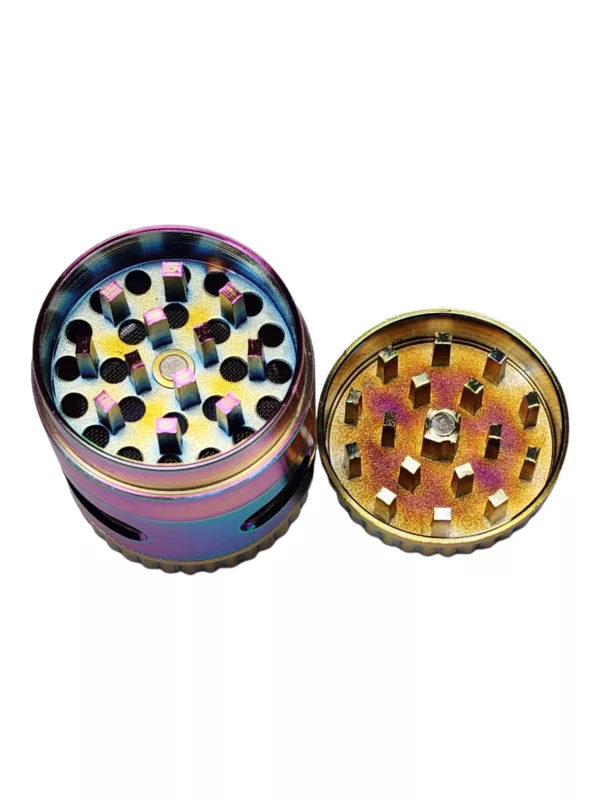 Rainbow Amsterdam Leaf Grinder with clear plastic center and internal circular ring.
