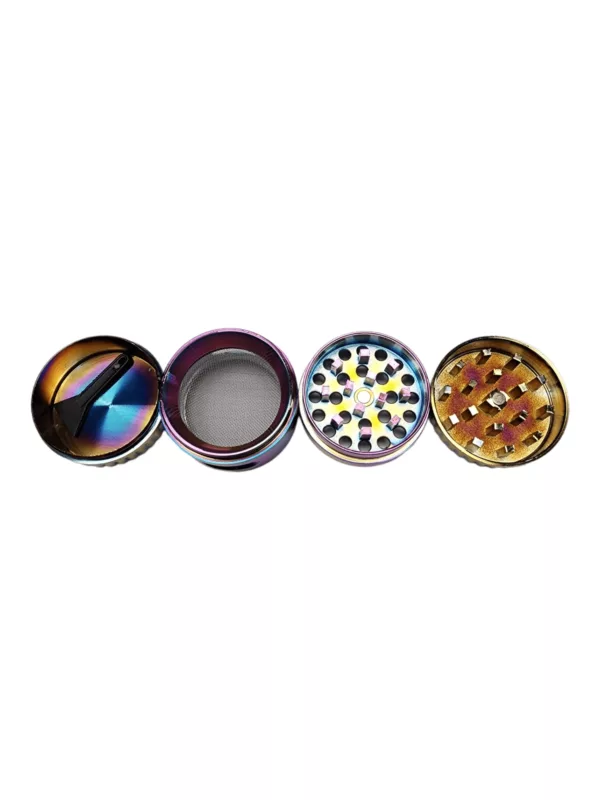 Metal grinder with 6 spokes, circular base, and collection of colorful glass pipettes for smoking herb.