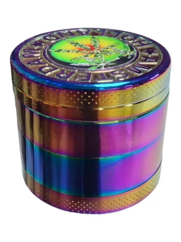 Rainbow Amsterdam Leaf Grinder with metal handle and large colorful leaf design for herb grinding.