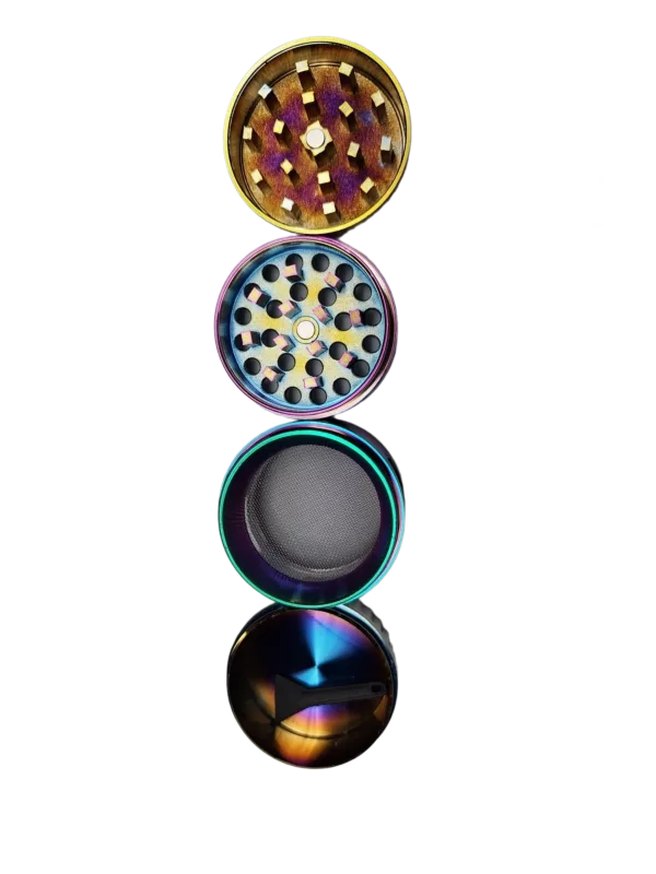 metal grinder with a shiny finish and four color options (silver, gold, and two others). The colors are evenly spread out.