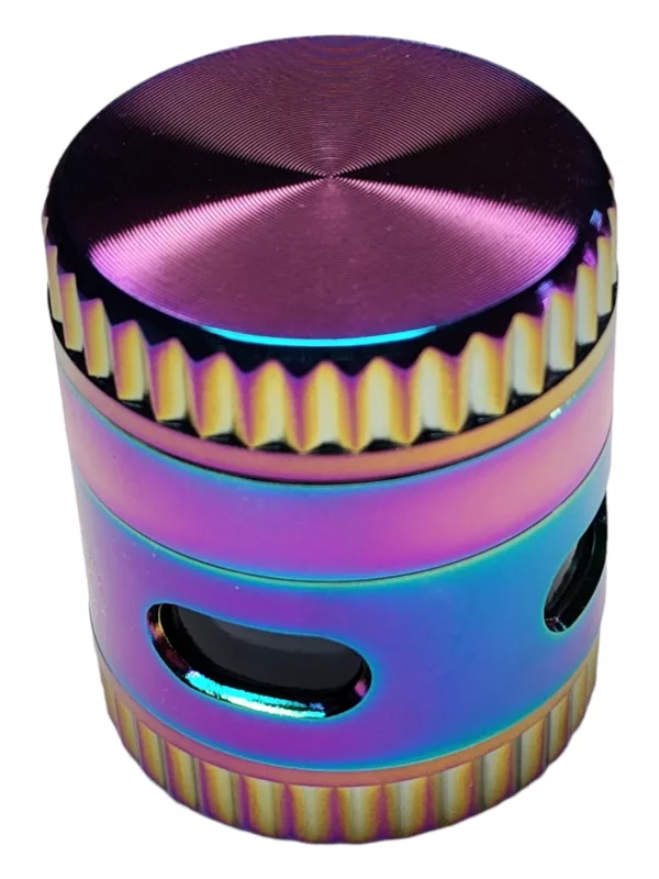 Gothic-themed window grinder with rainbow effect, embossed logo, and metallic color. Small spindle and knob on top and bottom.