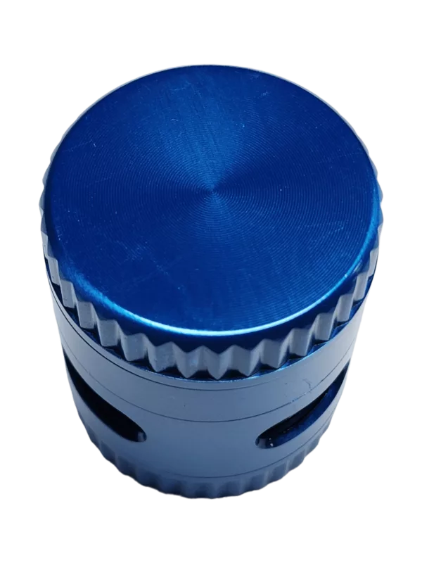 high-quality herb grinder with a polished design, four textured tiers, and an adjustable grind size. It's made of durable aluminum and easy to clean. Great for any kitchen.