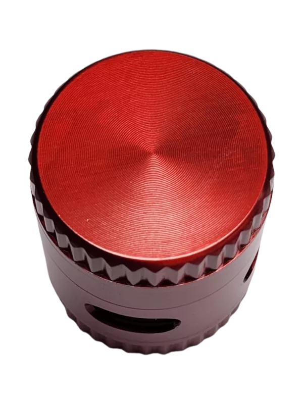 4-tier metal grinder with sleek design, circular front face with grooves, and adjustable grind size knob. Suitable for all herbs and spices.